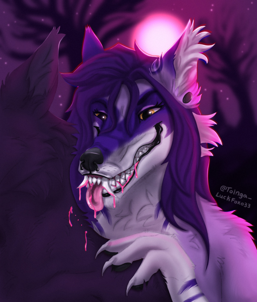 ambiguous_gender anthro bared_teeth canid canine canis claws duo fangs fangs_bared female hair halloween hi_res holidays inktober inktober_2022 long_hair luckfoxo33 mammal night outside purple_body solo_focus teeth tempting tongue tongue_out vampire wolf