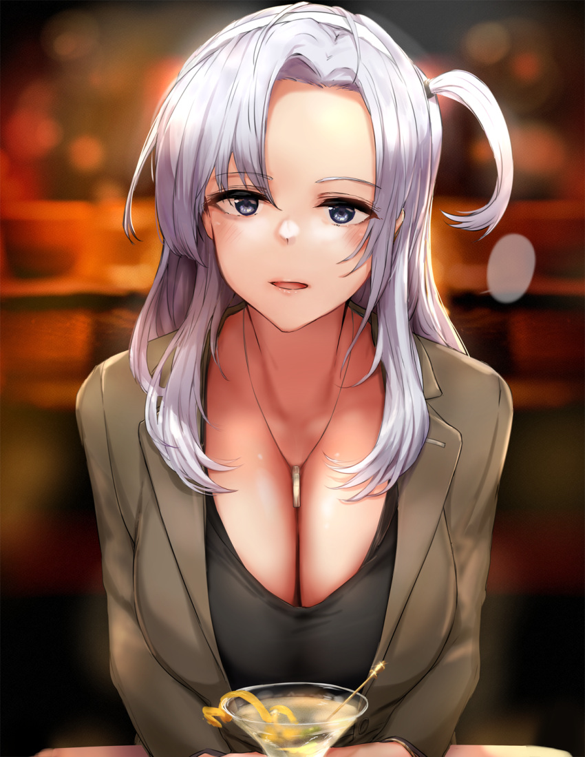 aged_up alternate_costume blush breasts cleavage coat cup drink drinking_glass female green_coat grey_eyes grey_hair highres jewelry kantai_collection large_breasts long_hair long_sleeves looking_at_viewer necklace one_side_up open_mouth osterei solo suzutsuki_(kancolle) upper_body