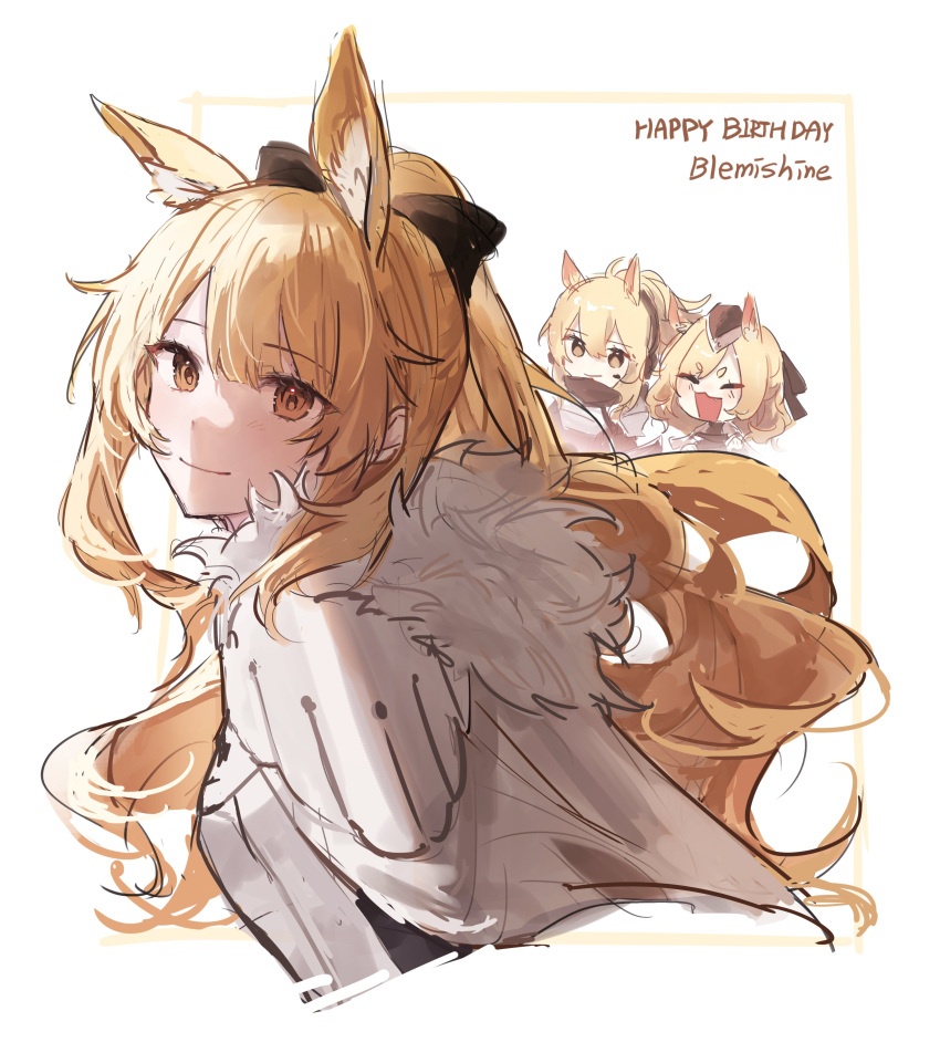 3girls absurdres animal_ears arknights armor aunt_and_niece black_bow black_headwear blemishine_(arknights) blonde_hair bow character_name closed_eyes commentary extra_ears from_side fur-trimmed_armor fur_trim hairbow happy_birthday hat headset highres horse_ears implied_extra_ears long_hair looking_at_viewer multiple_girls nearl_(arknights) open_mouth ponytail portrait ryat siblings simple_background sisters smile symbol-only_commentary thick_eyebrows whislash_(arknights) white_background yellow_eyes