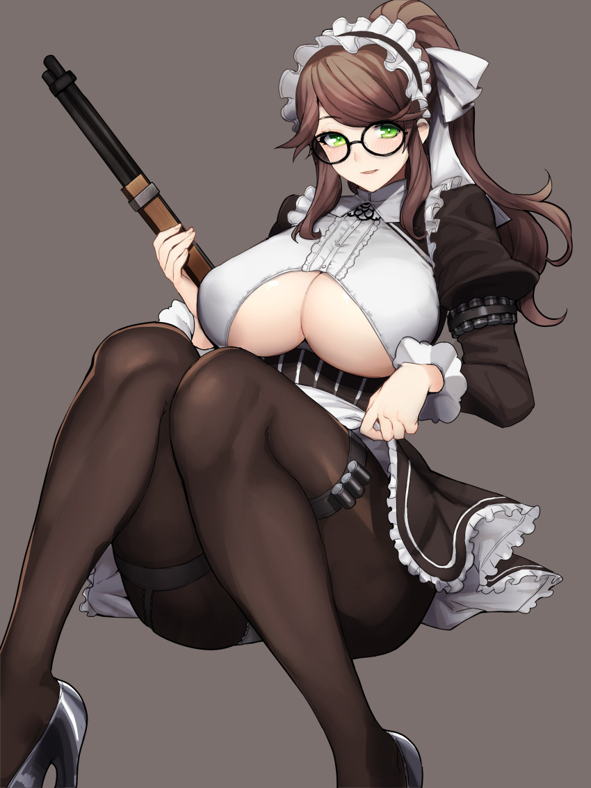 absurdres black-framed_eyewear black_dress black_pantyhose blush breasts brown_hair constantia_s2 dress female frills full_body garter_straps glasses gun hair_ribbon high_heels highres holster juliet_sleeves knees_together_feet_apart knees_up large_breasts last_origin long_hair long_sleeves looking_at_viewer maid maid_headdress pantyhose parted_lips ponytail puffy_sleeves ribbon rifle sidelocks skirt smile solo thigh_holster thigh_strap underboob weapon whoosaku