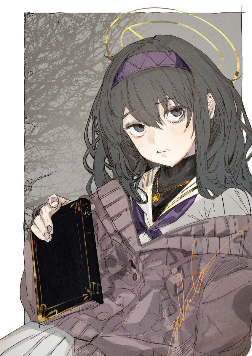 absurdres bags_under_eyes black_eyes black_hair blue_archive book cardigan female grey_cardigan hair_between_eyes hairband halo highres hiranko holding holding_book jewelry long_hair long_sleeves nail_polish neckerchief necklace parted_lips purple_hairband purple_nails purple_neckerchief sailor_collar school_uniform serafuku signature solo ui_(blue_archive) upper_body white_sailor_collar