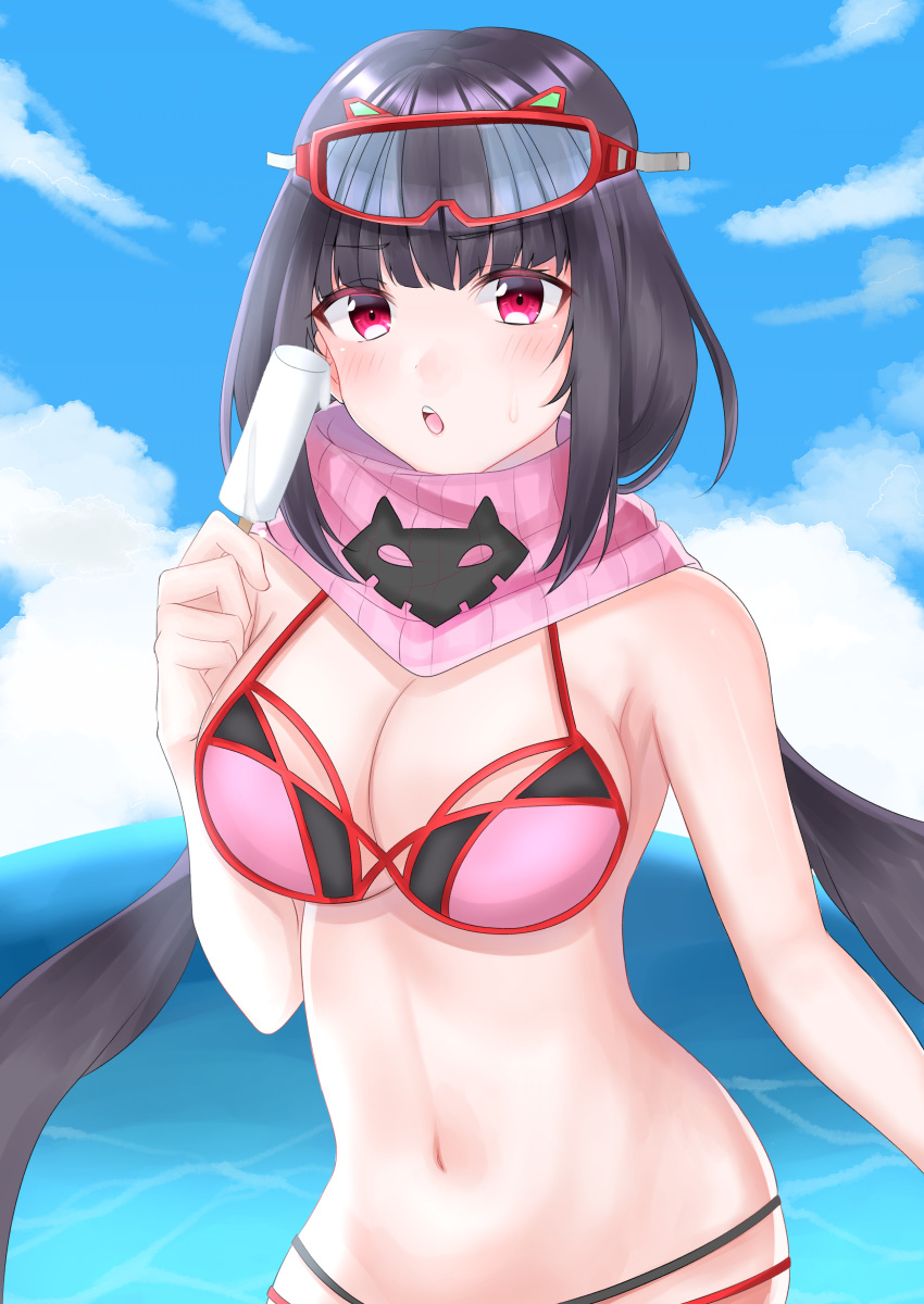 absurdres bare_shoulders bikini black_hair blue_sky blush breasts cleavage day doctor_0927 fate/grand_order fate_(series) female food goggles goggles_on_head highres large_breasts long_hair looking_at_viewer low_twintails navel ocean open_mouth osakabehime_(fate) osakabehime_(swimsuit_archer)_(fate) osakabehime_(swimsuit_archer)_(second_ascension)_(fate) pink_bikini pink_eyes pink_scarf popsicle scarf ski_goggles sky swimsuit twintails