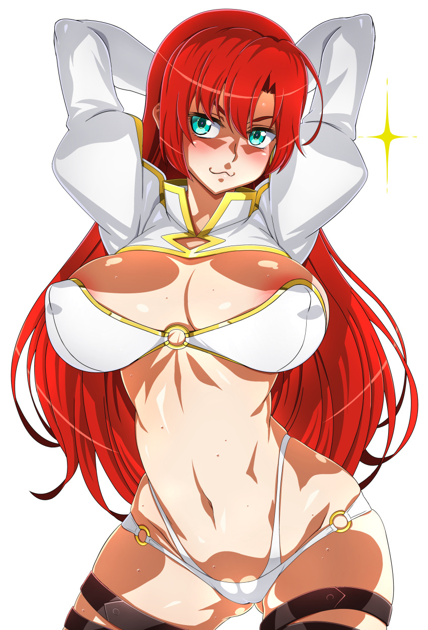 absurdres arms_behind_head arms_up bikini blush boudica_(fate) boudica_(third_ascension)_(fate) breasts cleavage fate/grand_order fate_(series) female green_eyes highleg highleg_bikini highres j.h. large_breasts long_hair long_sleeves looking_at_viewer navel o-ring red_hair shiny_skin shrug_(clothing) simple_background smile solo swimsuit white_bikini