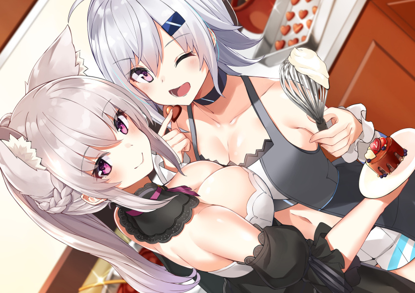 2girls ;d absurdres ahoge animal_ear_fluff animal_ears back bare_shoulders black_choker black_dress braid breasts choker cleavage closed_mouth collarbone commentary crop_top detached_collar detached_sleeves dress dutch_angle extra_ears fox_ears fox_girl from_side grey_hair grey_shirt highres holding indie_virtual_youtuber large_breasts livecartoon long_hair looking_at_viewer looking_to_the_side medium_breasts midriff minami_nami multiple_girls navel no_bra one_eye_closed open_mouth ponytail purple_eyes shirt short_hair short_shorts shorts sidelocks sleeveless sleeveless_shirt smile standing stomach strapless strapless_dress takehana_note takehana_note_(vtuber) virtual_youtuber whisk white_hair white_shorts