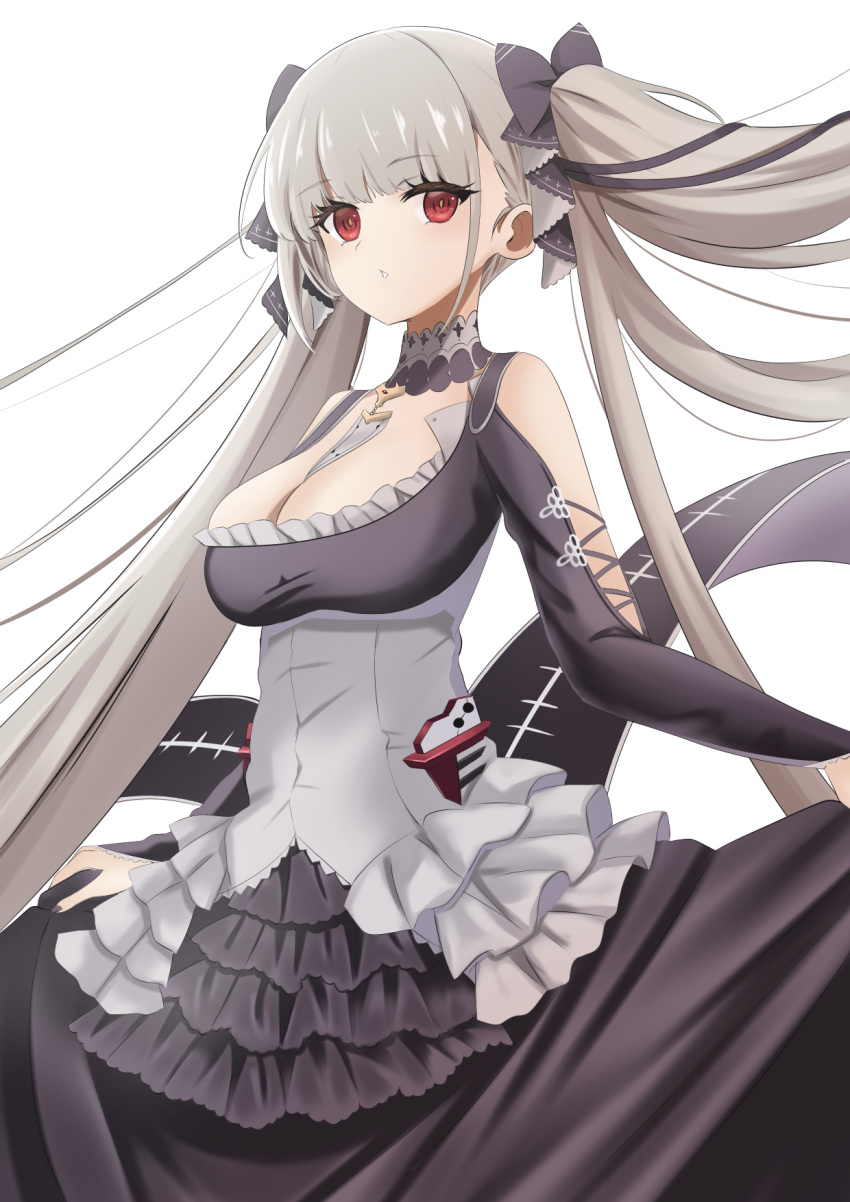 azur_lane black_dress black_ribbon breasts cleavage clothes_lift commentary dress dress_lift feet_out_of_frame female formidable_(azur_lane) hair_ribbon highres long_hair looking_at_viewer manjirou_(manji_illust) medium_breasts platinum_blonde_hair red_eyes ribbon solo standing very_long_hair white_background