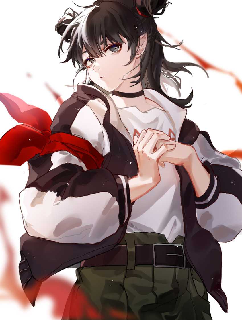 1boy 9degree bangs belt black_belt black_choker black_hair choker double_bun green_shorts grey_eyes highres jacket long_hair male_focus nezha_(the_legend_of_luoxiaohei) pointy_ears print_shirt shirt shirt_tucked_in shorts simple_background solo the_legend_of_luo_xiaohei upper_body white_background white_shirt