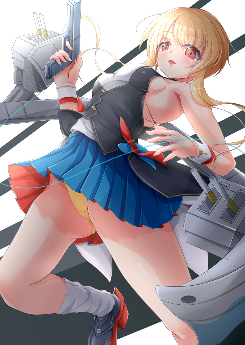 azur_lane black_footwear blonde_hair breasts female gun highres holding holding_gun holding_weapon juneau_(azur_lane) juneau_(retrofit)_(azur_lane) miniskirt panties pleated_skirt red_eyes rigging shirt short_hair_with_long_locks sideboob skirt sleeveless sleeveless_shirt socks suzu_(17081023) underwear weapon wrist_cuffs yellow_panties