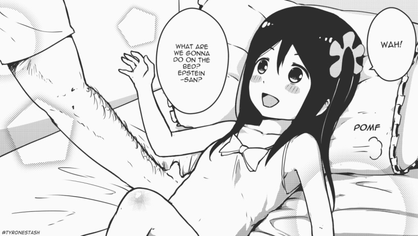 bed camisole commentary english_text female flat_chest greyscale hair_ornament hair_scrunchie hitori_bocchi hitoribocchi_no_marumaru_seikatsu imminent_rape jeffrey_epstein lying meme monochrome on_back one_side_up out_of_frame pomf real_life scrunchie solo_focus speech_bubble tyrone