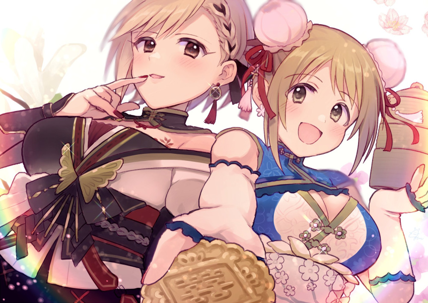 2girls aiba_yumi arm_guards bamboo_steamer bare_shoulders black_collar black_ribbon blonde_hair blue_dress blurry blush bow braid braided_bangs breasts brown_eyes brown_hair bun_cover chest_tattoo china_dress chinese_clothes cleavage cleavage_cutout clothing_cutout collar depth_of_field detached_collar double_bun dress earrings elbow_gloves finger_to_mouth fingerless_gloves floral_background flower_earrings glint gloves gum_(vivid_garden) hair_bun hair_ribbon hairbow hand_up hands_up highres idolmaster idolmaster_cinderella_girls idolmaster_cinderella_girls_starlight_stage index_finger_raised jacket jewelry large_breasts looking_at_viewer medium_breasts mimura_kanako mooncake multicolored_clothes multicolored_jacket multiple_girls nail_polish off_shoulder official_alternate_hairstyle open_mouth parted_lips pink_nails plump rainbow_gradient reaching reaching_towards_viewer red_nails red_ribbon ribbon short_hair sleeveless sleeveless_dress smile tattoo upper_body white_gloves