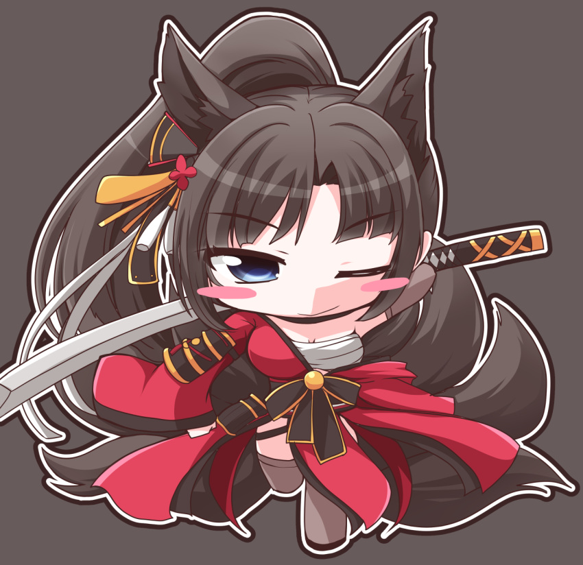 animal_ears azur_lane bandages blue_eyes brown_hair brown_tail chibi female fox_ears fox_tail full_body geo_(yukishitadou) grey_background highres japanese_clothes kii_(azur_lane) kimono kitsune kyuubi large_tail long_hair multiple_tails one_eye_closed one_side_up ponytail red_kimono sarashi simple_background solo sword sword_behind_back tail very_long_hair weapon wide_sleeves