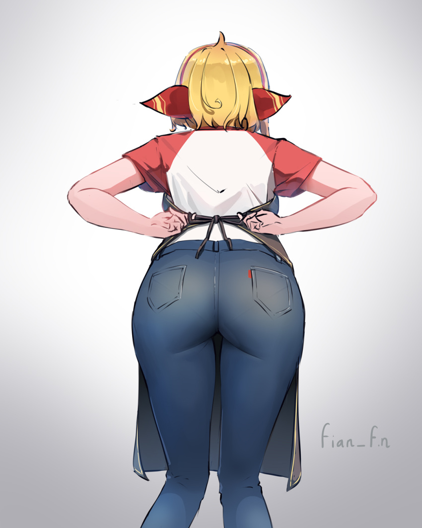 alternate_costume apron ass black_apron blonde_hair casual commentary denim english_commentary facing_away female fian_f.n from_behind head_scarf highres hololive hololive_indonesia jeans kaela_kovalskia leaning_forward pants raglan_sleeves shirt short_hair short_sleeves simple_background solo t-shirt twitter_username tying_apron virtual_youtuber white_background