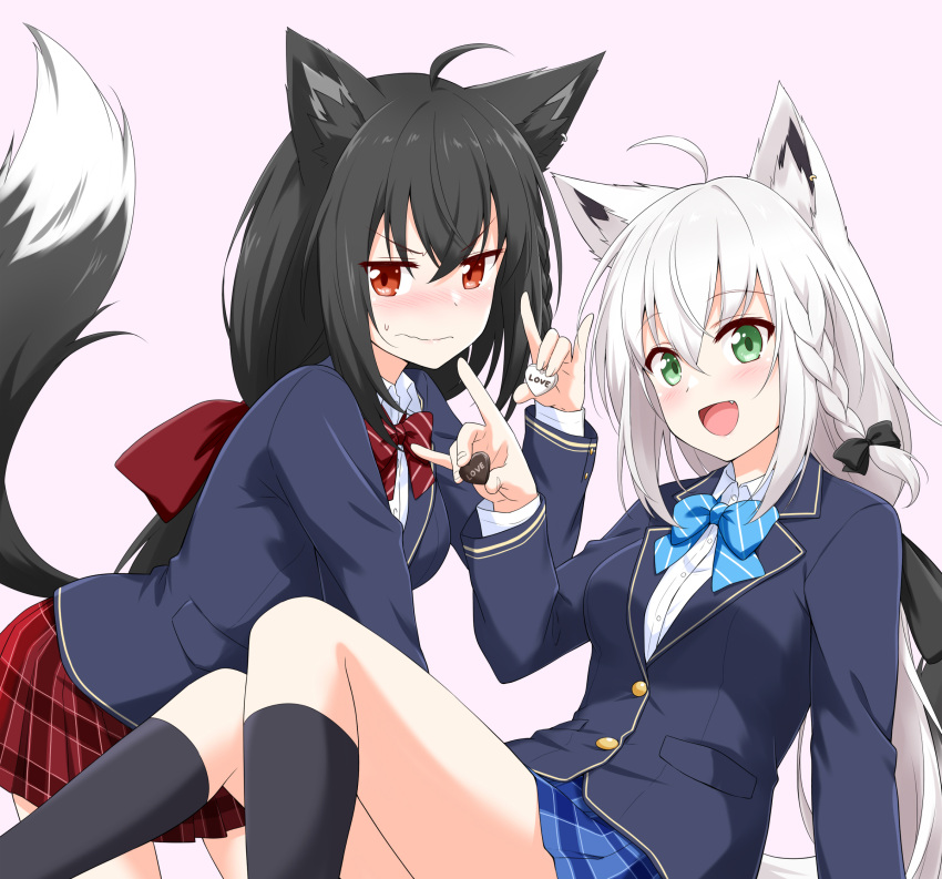 2girls ahoge animal_ear_fluff animal_ears black_hair black_ribbon black_socks blazer blue_bow blue_bowtie blue_jacket blue_skirt blush bow bowtie braid candy chocolate collared_shirt commentary_request felutiahime food fox_ears fox_girl fox_shadow_puppet fox_tail green_eyes hair_between_eyes hair_ribbon heart heart-shaped_chocolate highres holding holding_chocolate holding_food hololive jacket kurokami_fubuki long_hair looking_at_viewer multiple_girls oerba_yun_fang open_mouth pink_background plaid plaid_skirt red_bow red_bowtie red_eyes red_ribbon red_skirt ribbon shirakami_fubuki shirt sidelocks simple_background single_braid skirt socks sweatdrop tail virtual_youtuber wavy_mouth white_hair white_shirt