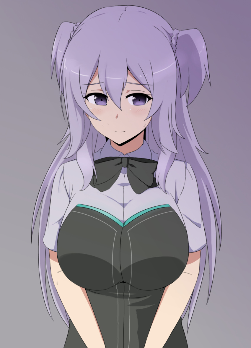 black_bow blush bow breasts collared_shirt commentary_request female gakusen_toshi_asterisk hair_between_eyes highres huge_breasts light_purple_hair long_hair looking_at_viewer naozuri purple_eyes school_uniform shirt short_sleeves solo toudou_kirin twintails