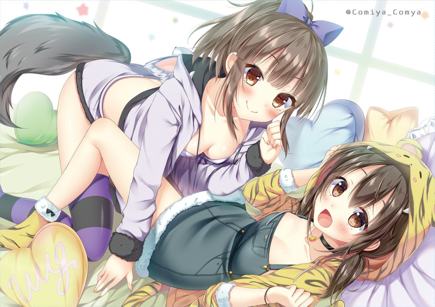 2girls :d all_fours animal_hood bare_legs black_choker blue_bow blush bow bra breasts brown_eyes brown_hair choker cleavage closed_mouth collarbone commentary day denim_dress dress fake_tail front-tie_bra front-tie_top fur_trim grey_jacket grey_shorts hairbow heart heart-shaped_pillow hisami_nanami hood hood_down hooded_jacket indoors jacket katayama_minami knee_up komiya_hitoma long_hair long_sleeves looking_at_viewer low_twintails lying micro_shorts midriff multiple_girls no_shoes on_back open_clothes open_jacket open_mouth pillow ponytail purple_legwear shorts sidelocks sleeveless sleeveless_dress small_breasts smile socks striped_clothes striped_thighhighs tail thighhighs thighs tiger_hood twintails twitter_username underwear wake_up_girls! white_bra wolf_hood wolf_tail yellow_jacket yellow_legwear