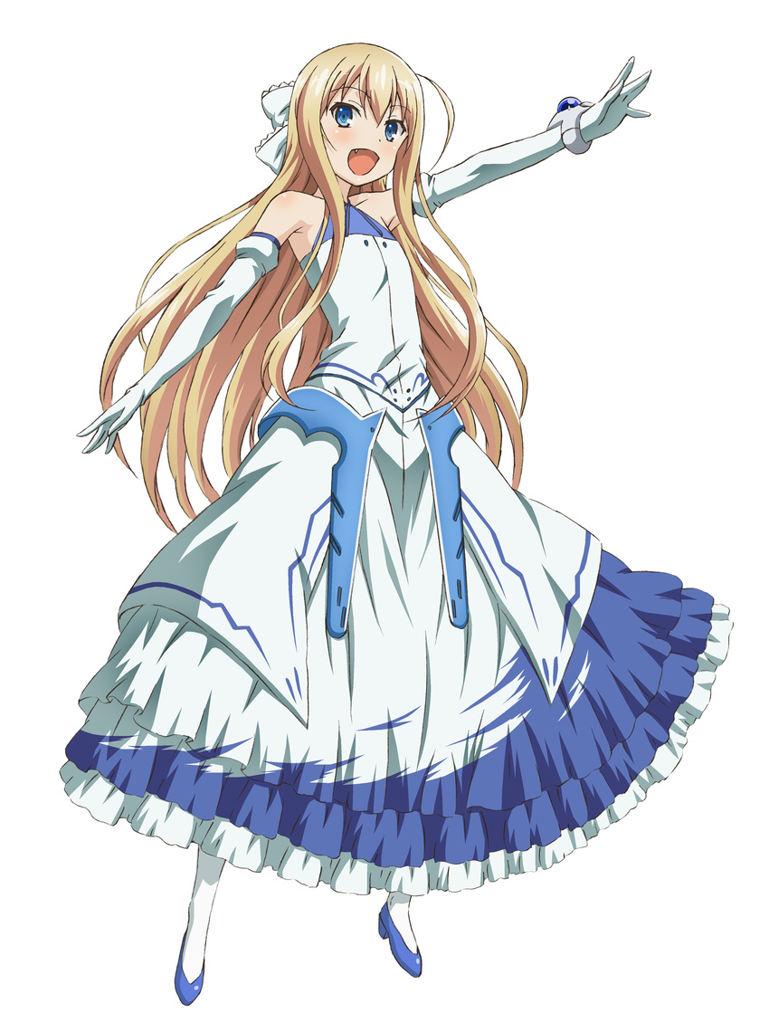 absurdres blonde_hair blue_eyes dress elbow_gloves female full_body gloves highres long_hair looking_at_viewer oerba_yun_fang open_mouth outstretched_arm rokujouma_no_shinryakusha!? simple_background sleeveless solo theiamillis_gre_fortorthe white_background white_legwear