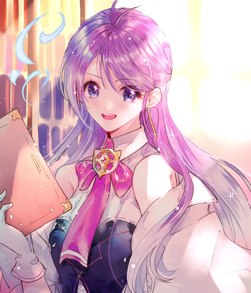 aether_sage_(elsword) ahma ahoge aisha_landar blush_stickers book collared_shirt commentary_request detached_sleeves earrings elsword female gloves highres jewelry korean_commentary long_hair purple_eyes purple_hair shirt smile tie_clip window