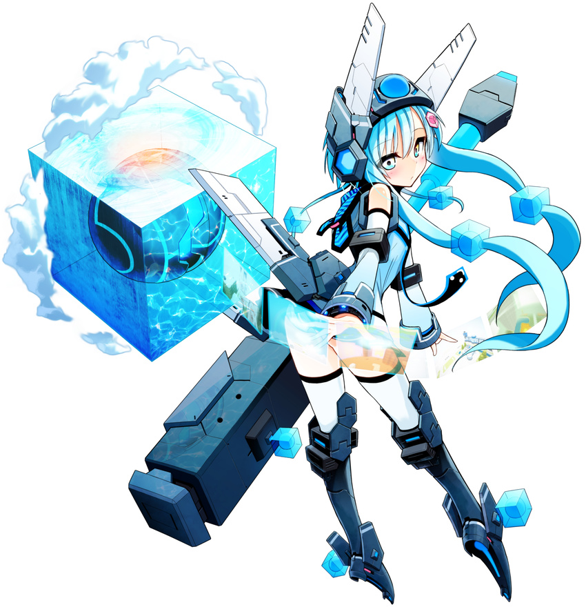 absurdres asphe ball blue_hair blue_theme cloud cosmic_break cove cube desert female flat_chest floating floating_object floating_screen gate hair_bobbles hair_ornament headgear highres holographic_interface hood hoodie long_hair mecha_musume multicolored_eyes necktie official_art orb plateau pleated_skirt ruins simple_background skirt solo wakaba_sprout wall water weather white_background