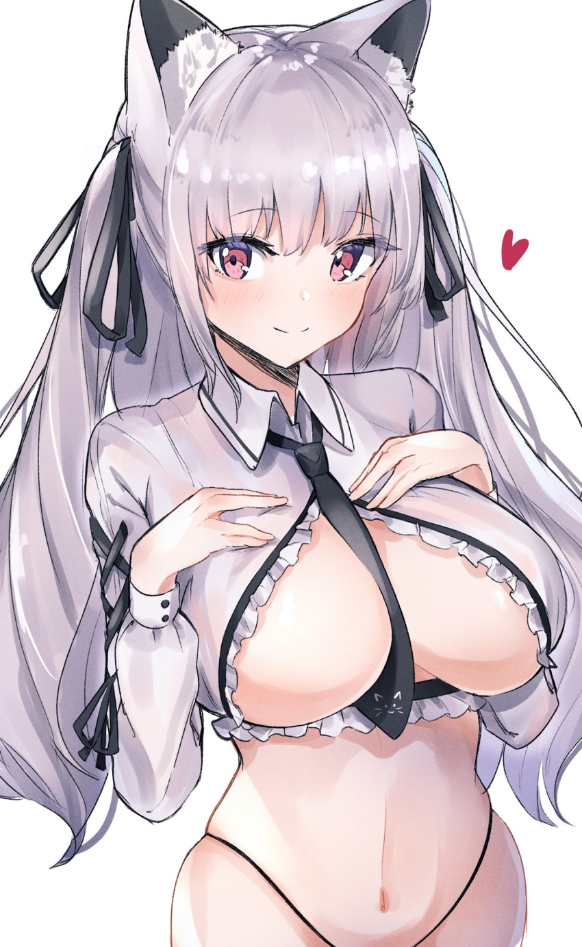 animal_ear_fluff animal_ears aruvina_(gu_luco) between_breasts black_ribbon breasts cat_ears cleavage collared_shirt crop_top female frilled_shirt frills grey_hair gu_luco hair_ribbon hands_up heart highleg highleg_panties highres large_breasts long_hair long_sleeves looking_at_viewer navel necktie original panties red_eyes ribbon shirt simple_background skindentation smile solo stomach string_panties two_side_up underwear upper_body white_background white_shirt