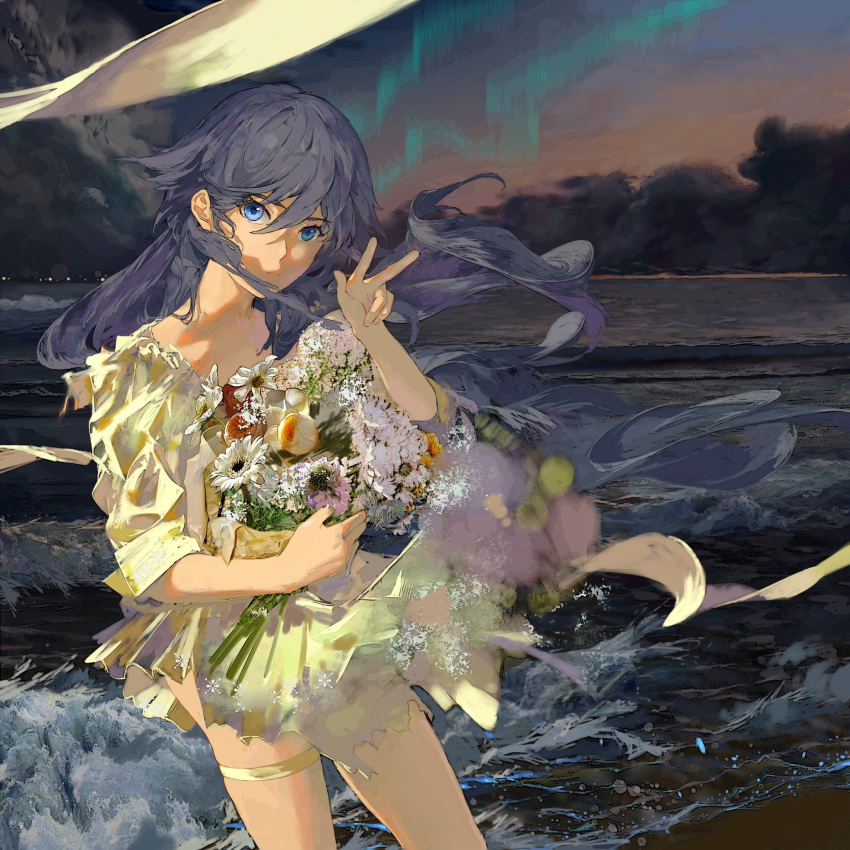 black_hair blue_eyes bouquet closed_mouth dress female flower fu_hua highres holding holding_bouquet honkai_(series) honkai_impact_3rd long_hair looking_at_viewer night night_sky outdoors skavenprime sky solo v water white_flower yellow_dress