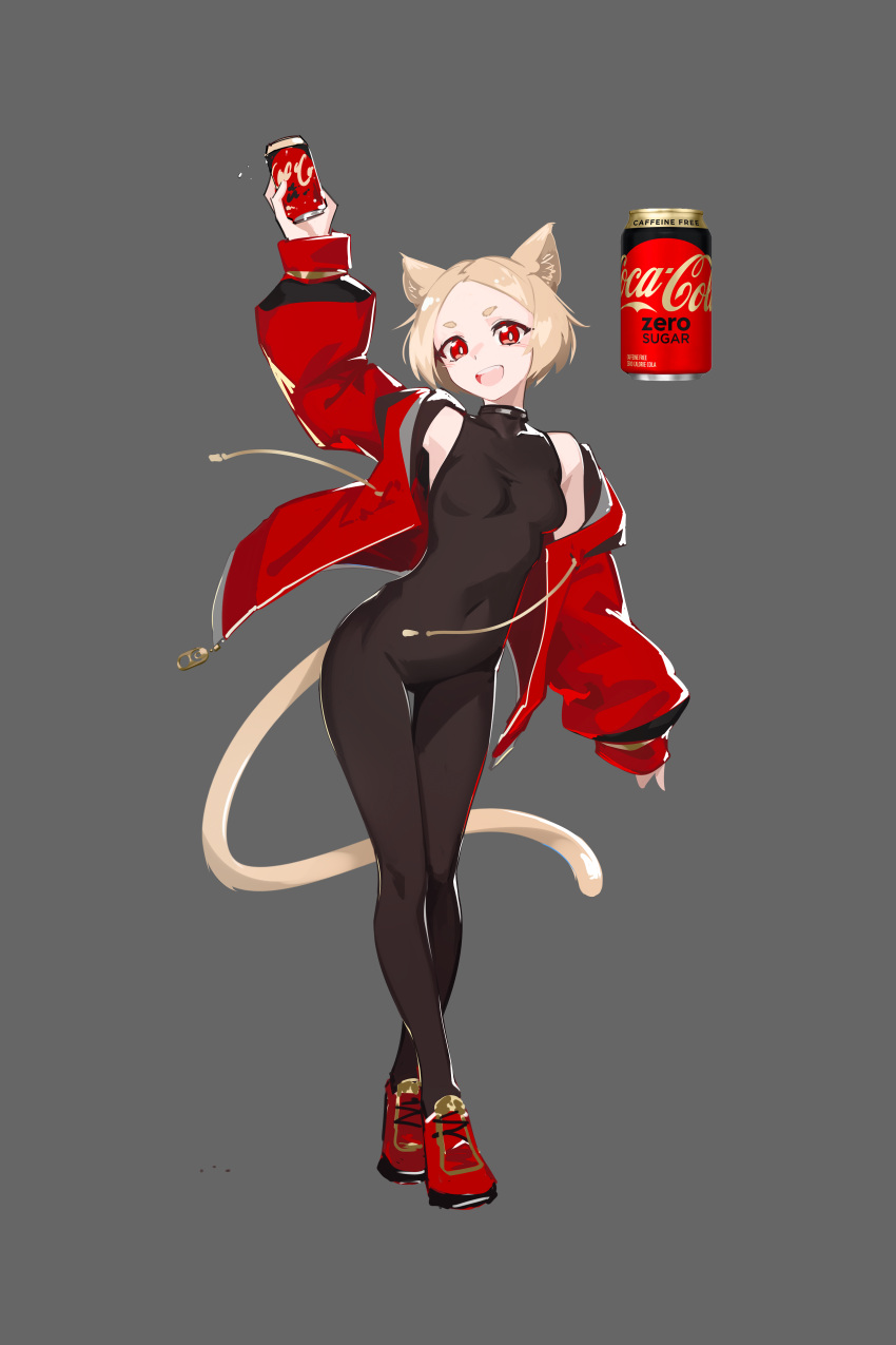 absurdres animal_ears arm_up blonde_hair bodysuit breasts can cat_ears cat_tail coca-cola covered_navel deel_(rkeg) female grey_background highres holding holding_can jacket looking_at_viewer medium_breasts off_shoulder open_clothes open_jacket open_mouth original personification red_eyes short_hair solo tail