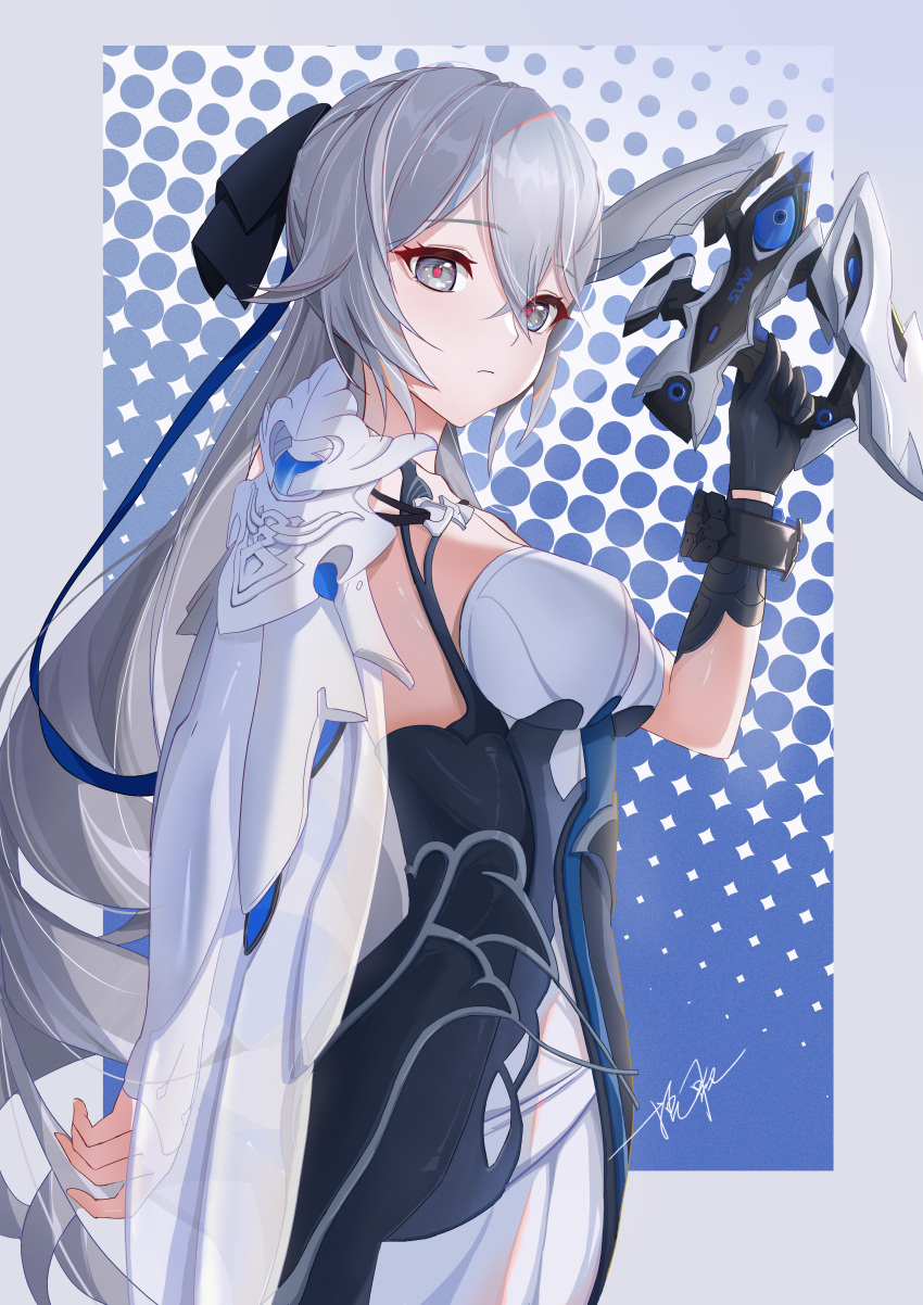 absurdres bare_shoulders black_dress black_gloves border breasts bronya_zaychik bronya_zaychik_(silverwing:_n-ex) closed_mouth dress drill_hair female gloves grey_border grey_eyes grey_hair gun hair_ornament highres holding holding_gun holding_weapon honkai_(series) honkai_impact_3rd long_hair looking_at_viewer ooo_wange signature single_glove solo twin_drills weapon