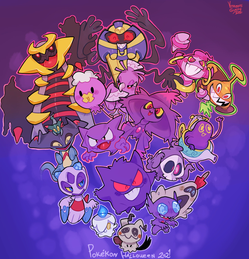 absurdres cofagrigus commentary dreepy drifloon duskull english_text froslass gengar giratina giratina_(altered) grin haunter highres hoopa hoopa_(confined) litwick mimikyu mismagius no_humans oricorio oricorio_(sensu) pokemon pokemon_(creature) polteageist red_eyes rotom rotom_(mow) sableye sandygast sharp_teeth signature smile symbol-only_commentary teeth trait_connection vitreous_glassy yellow_eyes