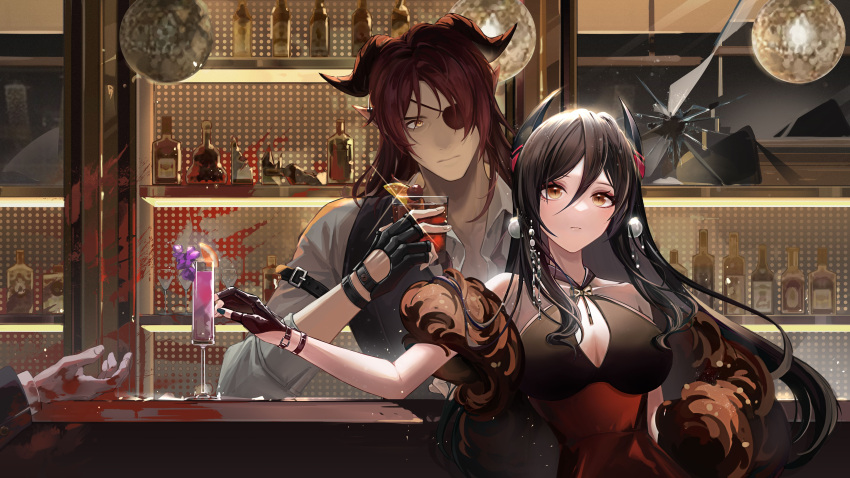 1boy 1other absurdres alcohol ambiguous_gender arknights bar_(place) black_dress black_gloves black_hair black_vest blood blue_nails blush bottle breasts chinese_commentary cleavage closed_mouth commentary cross-shaped_pupils cup demon_horns dress drinking_glass earrings expressionless eyepatch feather_boa female fingerless_gloves fingernails food fruit gloves goat_horns hair_between_eyes highres hoederer_(arknights) horns indoors ines_(arknights) jewelry juechen_syl large_breasts lips long_hair looking_at_viewer medium_hair nail_polish off_shoulder orange_(fruit) orange_slice pointy_ears red_dress red_hair shelf shirt symbol-shaped_pupils two-tone_dress vest white_shirt yellow_eyes