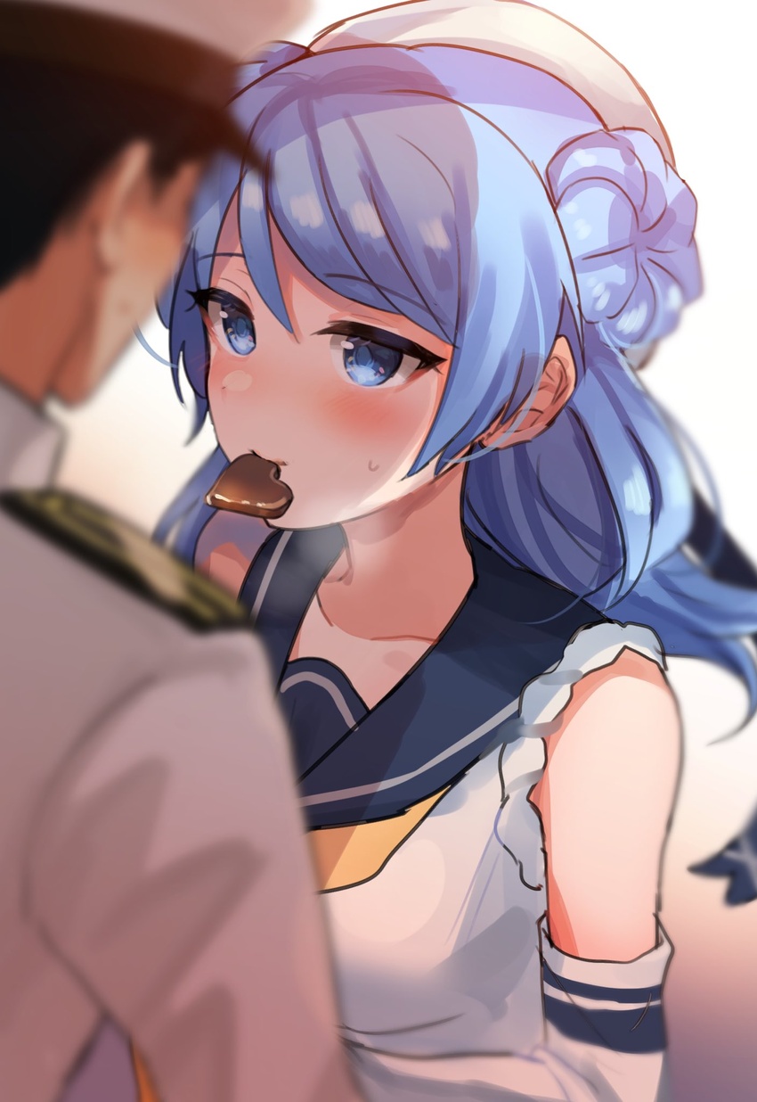 1boy admiral_(kancolle) bare_shoulders black_hair black_sailor_collar blue_eyes blue_hair blush candy chocolate collarbone double_bun doughnut_hair_bun elbow_gloves female food gloves hair_bun hat heart heart-shaped_chocolate highres kantai_collection long_hair long_sleeves medium_hair military military_uniform mouth_hold naval_uniform neckerchief peaked_cap sailor_collar sailor_hat school_uniform senbei_(senbe_i) serafuku uniform urakaze_(kancolle) white_gloves white_headwear yellow_neckerchief