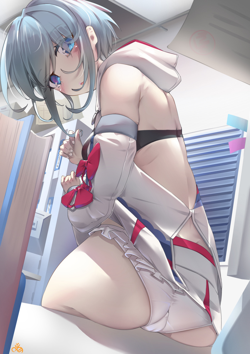 alice_gear_aegis ass blue_eyes blue_hair bow breasts cameltoe detached_sleeves fat_mons female frills hair_between_eyes highres hood hoodie jacket keyfanjun looking_at_viewer looking_back nina_kalinina panties short_hair sitting solo underwear white_jacket white_panties