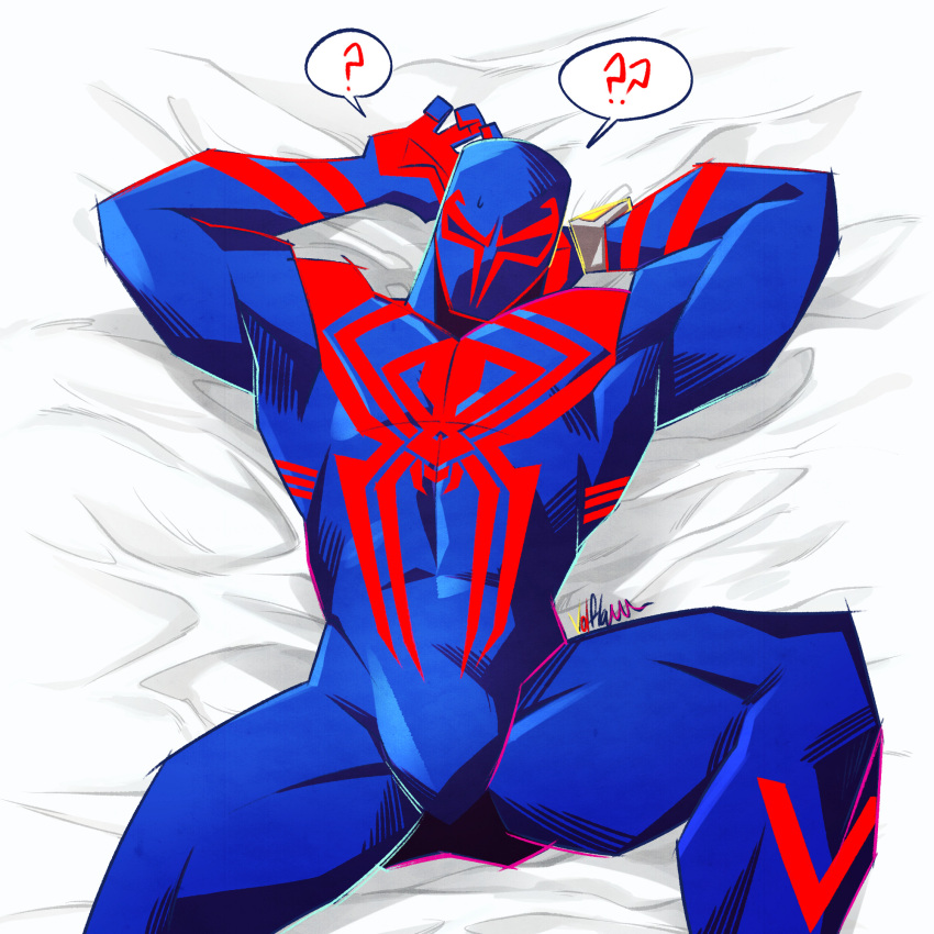 1boy ? animal_print arms_up bara blue_bodysuit bodysuit bulge feet_out_of_frame from_above highres lying male_focus marvel muscular muscular_male on_back on_bed print_bodysuit red_bodysuit solo spider-man:_across_the_spider-verse spider-man_(2099) spider-man_(series) spider-verse spider_print spoken_question_mark spread_legs textless_version thighs two-tone_bodysuit v-taper volflamm