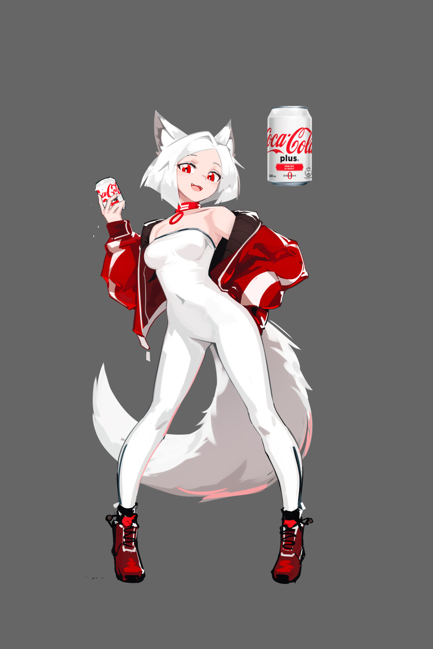 absurdres animal_ears bare_shoulders breasts can coca-cola collar deel_(rkeg) fangs female fox_ears fox_tail grey_background highres holding holding_can jacket looking_at_viewer medium_breasts off_shoulder open_clothes open_jacket open_mouth original personification red_eyes short_hair solo strapless tail unitard white_hair