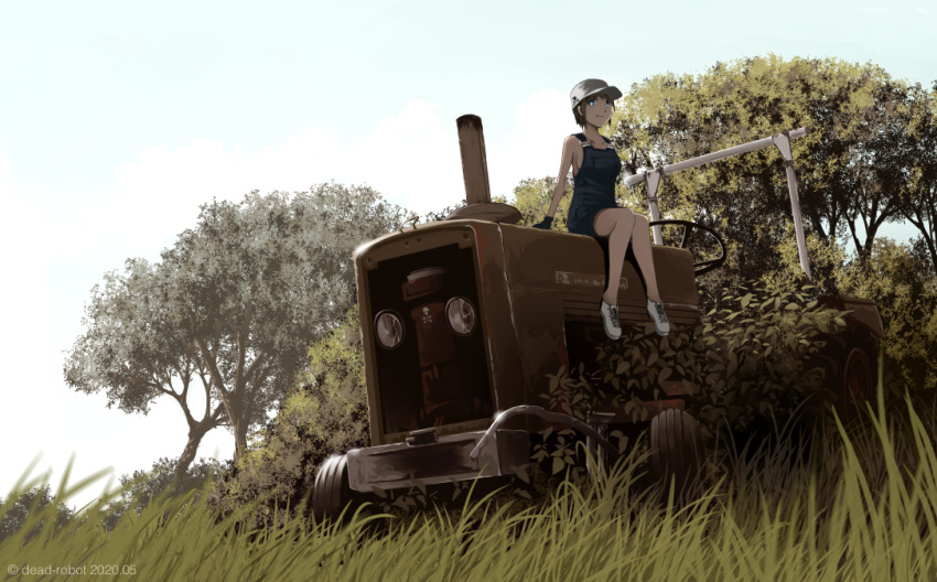 artist_name baseball_cap commentary_request dead-robot female grass hat knees_together_feet_apart looking_at_viewer naked_overalls original outdoors overall_shorts overalls overgrown rural scenery short_hair sitting sky smile tractor tree