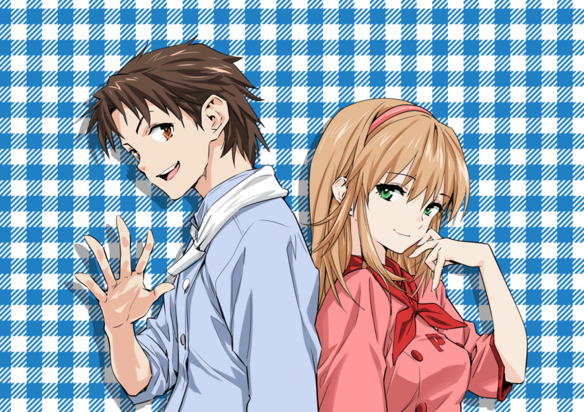 1boy azuma_kazuma azusagawa_tsukino back-to-back bad_id bad_pixiv_id brown_hair commentary_request female green_eyes hand_on_own_face hashiguchi_takashi headband long_hair looking_at_viewer plaid plaid_background shadow short_hair simple_background smile uniform yakitate!!_japan