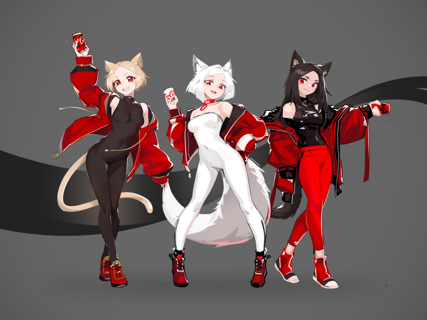 3girls absurdres animal_ears arm_up bare_shoulders black_hair blonde_hair bodysuit breasts can cat_ears cat_tail coca-cola collar covered_navel deel_(rkeg) fangs fox_ears fox_tail grey_background highres holding holding_can jacket leotard long_hair looking_at_viewer medium_breasts multiple_girls off_shoulder open_clothes open_jacket open_mouth original pants personification red_eyes shiny_clothes short_hair smile strapless tail tight_clothes tight_pants unitard white_hair