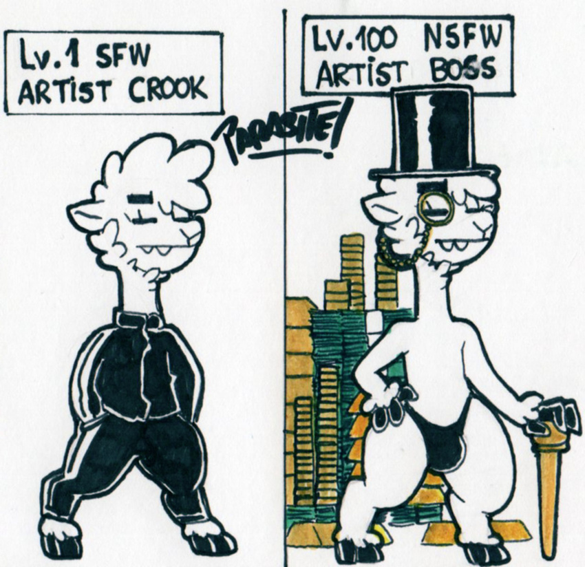 2021 anthro art_meme before_and_after biped black_clothing black_hat black_headwear black_hooves black_speedo black_swimwear bulge camelid cane closed_eyes clothed clothing cloven_hooves commentary english_text eyebrows eyewear front_view full-length_portrait fully_clothed gameplay_mechanics gloves_(marking) gold_bar hand_in_pocket hand_on_hip hat headgear headwear hi_res hooves humor llama llama_(parasitedeath) long_neck male mammal marker_(artwork) markings meme money monocle parasitedeath partially_clothed pear-shaped_figure pockets portrait solo speedo standing swimwear text that's_how_mafia_works thick_eyebrows thick_thighs time_lapse top_hat track_jacket track_pants traditional_media_(artwork) video_game_reference white_body wide_hips