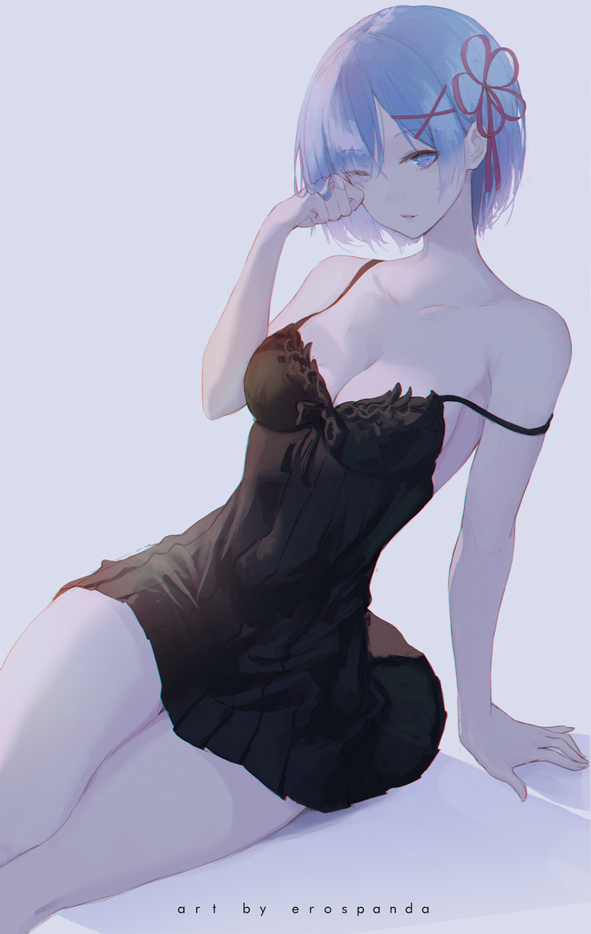 alternate_costume artist_name bare_arms bare_shoulders black_dress blue_background blue_eyes blue_hair breasts chromatic_aberration cleavage collarbone commentary dress erospanda female hair_ornament hair_over_one_eye hair_ribbon highres looking_at_viewer medium_breasts one_eye_closed parted_lips pink_ribbon re:zero_kara_hajimeru_isekai_seikatsu rem_(re:zero) ribbon short_hair simple_background sitting smile solo strap_slip x_hair_ornament