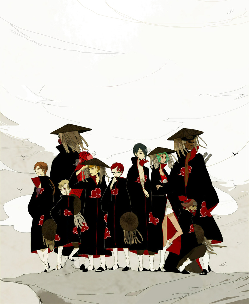 2girls 6+boys akatsuki_(naruto) fuu_(naruto) gaara han han_(naruto) highres killer_bee multiple_boys multiple_girls naruto naruto_shippuuden nii_yugito roushi roushi_(naruto) utakata_(naruto) uzumaki_naruto yagura yagura_(naruto)