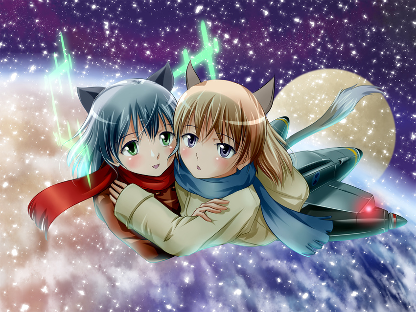 2girls animal_ears blonde_hair blue_eyes blue_scarf cat_ears cat_girl cat_tail coat commentary_request eila_ilmatar_juutilainen fenderu fox_ears fox_girl green_eyes grey_hair hirschgeweih_antennas hug long_hair moon multiple_girls official_alternate_costume red_scarf sanya_v._litvyak scarf short_hair smile space strike_witches striker_unit tail world_witches_series yuri