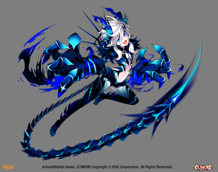 :d asymmetrical_clothes blue_eyes claws diabla_(elsword) elsword female full_body horns hwansang leg_lift legs long_hair looking_at_viewer luciela_r._sourcream official_art open_mouth pointy_ears single_pantsleg smile solo tail tattoo white_hair