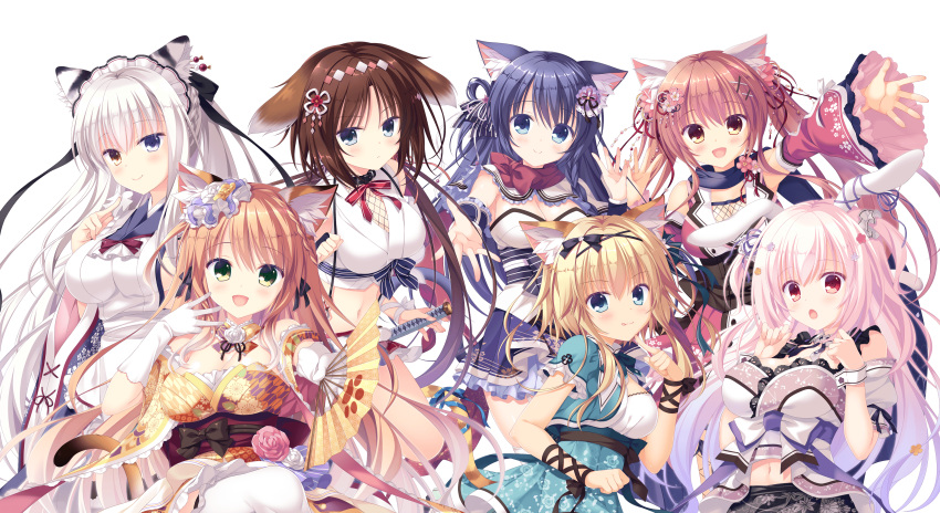 animal_ears bunny_ears cleavage fuuma_tama fuuma_yura heterochromia inumimi ishikawa_sana japanese_clothes maid maya_(neko-nin_exheart_2) neko-nin_exheart neko-nin_exheart_2 neko-nin_exheart_3 nekokai_ritsu nekomimi nekozuka_shino saiga_himari sword tail takano_yuki thighhighs transparent_png wa_maid whirlpool