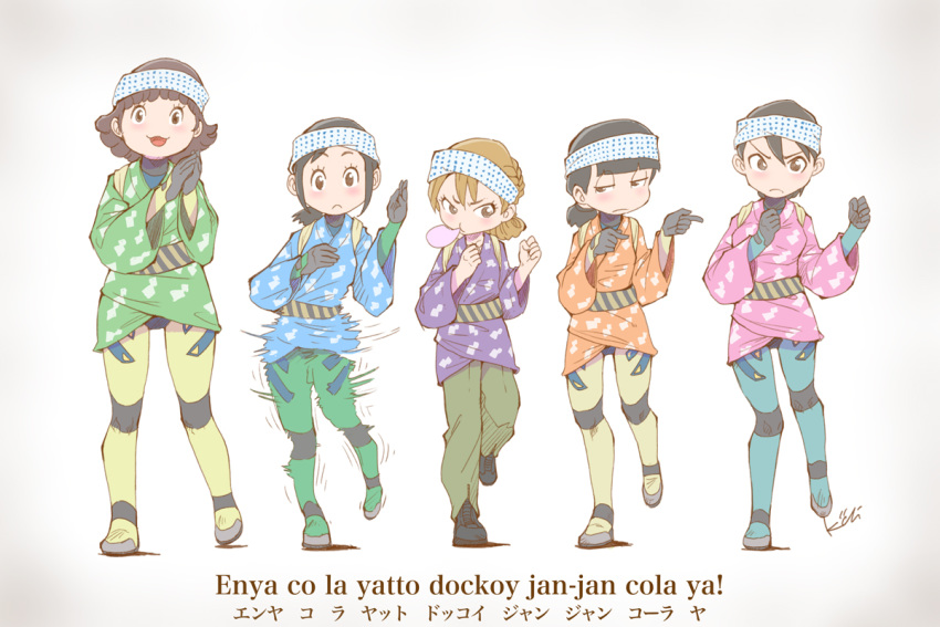 5girls :3 amakasu_hisone black_hair blowing_bubbles blush bodysuit brown_eyes brown_hair chewing_gum commentary_request dancing full_body hachimaki headband hisone_to_masotan hitomi_mayumi hoshino_eri japanese_clothes kaizaki_nao kiichi kimono kinutsugai_ririko le_temps_de_la_rentree_(hisone_to_masotan) motion_blur multiple_girls parody pilot_suit pointing ponytail romaji_text science_fiction short_hair simple_background translated very_short_hair yukata