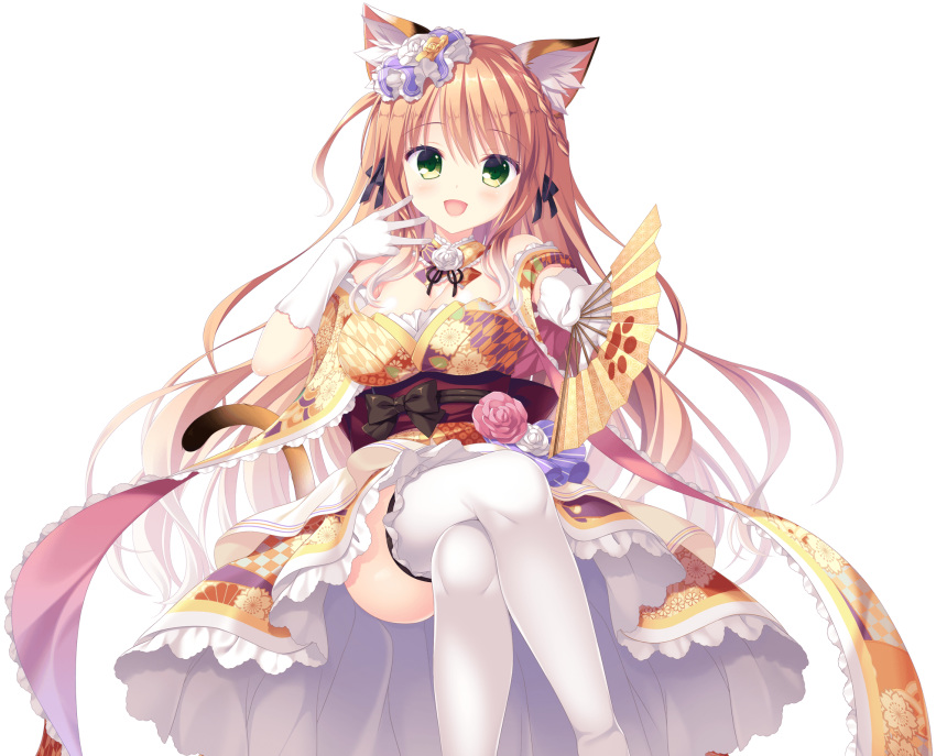 animal_ears cleavage japanese_clothes neko-nin_exheart_3 nekomimi saiga_himari tail takano_yuki thighhighs transparent_png whirlpool