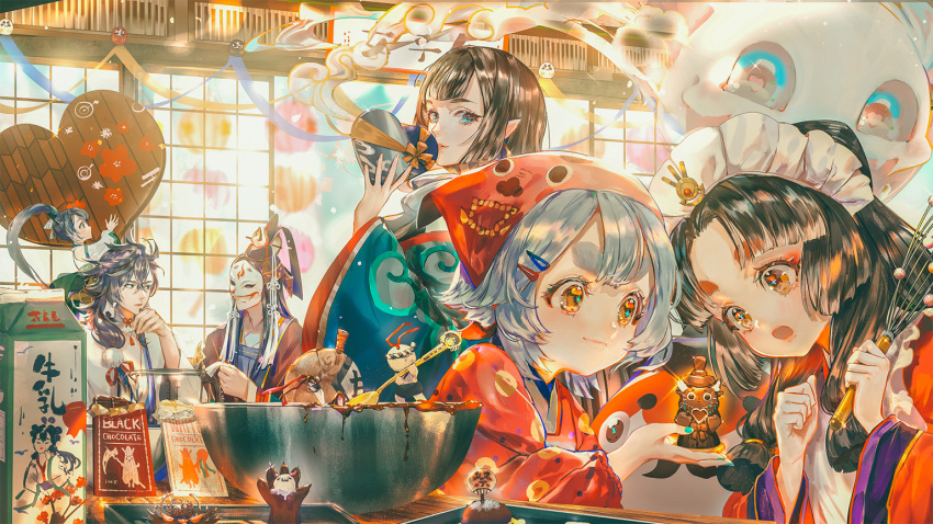 2boys 4girls apron aqua_nails black_hair blue_eyes box brown_eyes brown_hair candy carton chocolate chocolate_bar commentary daruma_doll day enenra_(onmyoji) english_text food gift green_eyes grey_hair hair_ornament hairclip hat head_scarf heart heart-shaped_box heart-shaped_pupils holding holding_gift holding_whisk indoors japanese_clothes kachou_fuugetsu_(onmyoji) kaguya_hime_(onmyoji) kappougi kimono kingyo_hime_(onmyoji) kitchen light_smile long_hair long_sleeves looking_at_another maid_headdress mask mixing_bowl multiple_boys multiple_girls nail_polish onmyoji open_mouth parted_lips photoshop_(medium) pointy_ears pom_pom_(clothes) pom_pom_hair_ornament ponytail say_hana shouji sliding_doors spoon susabi_(onmyoji) symbol-shaped_pupils tamamo_no_mae_(onmyoji) tate_eboshi thick_eyebrows valentine whisk wide_sleeves yellow_eyes