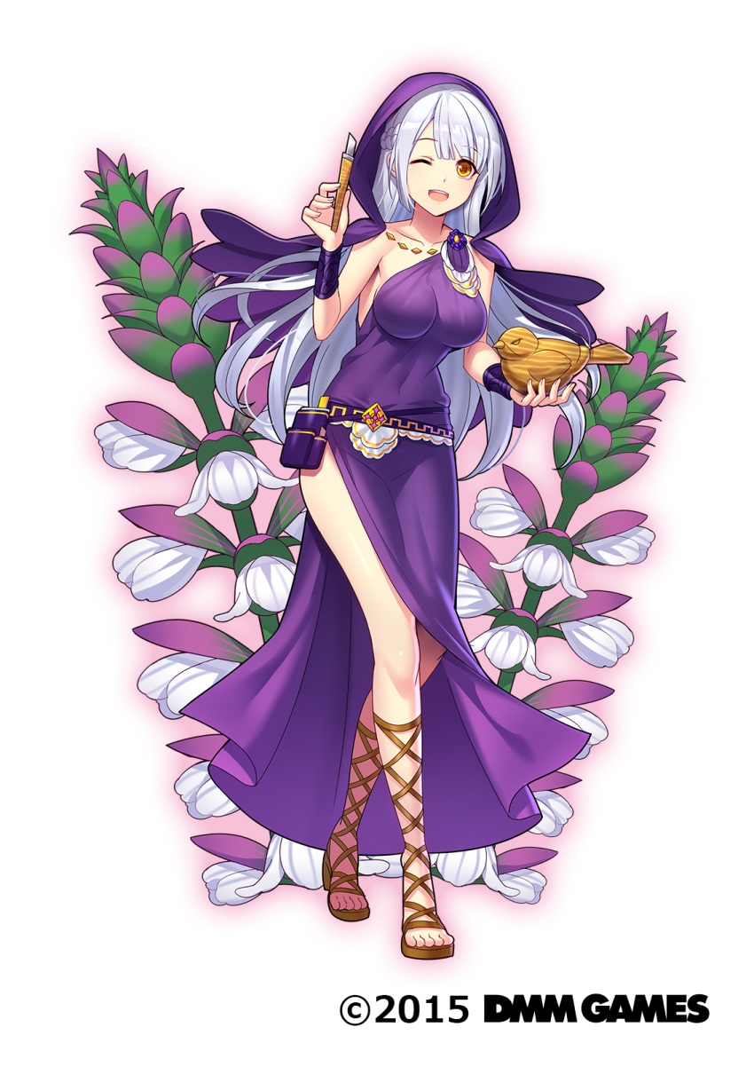 acanthus_(flower_knight_girl) copyright_name crossed_legs dmm dot_nose dress female floral_background flower_knight_girl full_body grey_hair highres holding hood looking_at_viewer official_art one_eye_closed purple_dress purple_hood standing white_background yellow_eyes