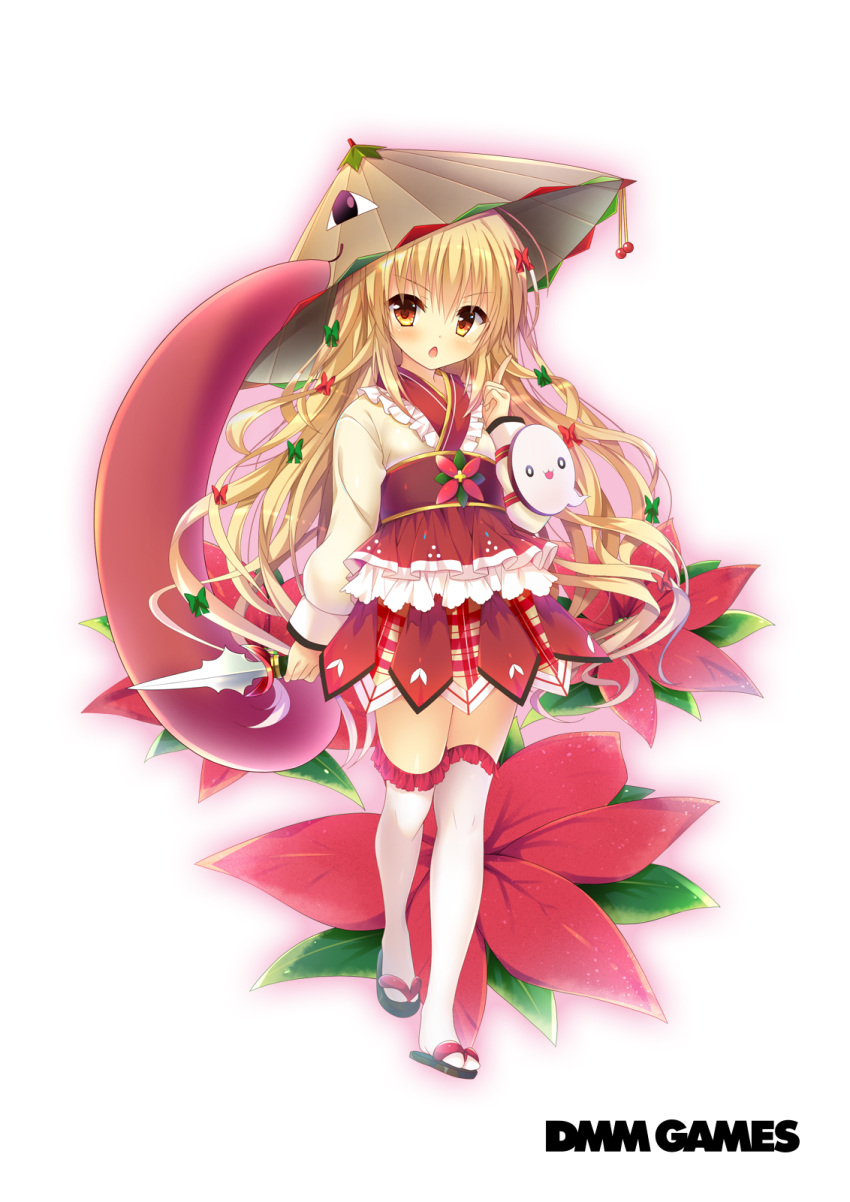 blonde_hair company_name copyright_name dagger dmm female floral_background flower flower_knight_girl full_body hand_up highres holding holding_dagger holding_knife holding_weapon huei_nazuki index_finger_raised karakasa_obake knife long_hair long_tongue looking_at_viewer miniskirt name_connection object_namesake official_art over-kneehighs poinsettia poinsettia_(flower_knight_girl) red_flower red_skirt reverse_grip skirt slippers solo tabi thighhighs tongue umbrella very_long_hair walking weapon white_background white_thighhighs