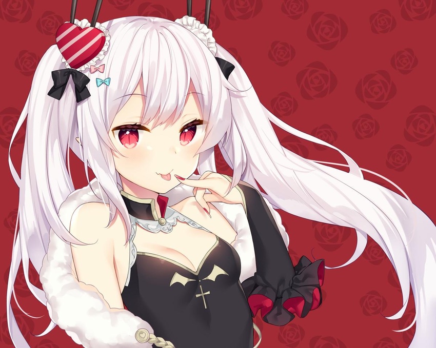 :p azur_lane bare_shoulders bekotarou black_dress black_ribbon breasts bridal_gauntlets china_dress chinese_clothes cleavage commentary_request dress feather_boa female finger_to_mouth floating_hair floral_background frills hair_ornament hair_ribbon hand_up heart heart_hair_ornament long_hair looking_at_viewer nail_polish oerba_yun_fang official_alternate_costume pointy_ears red_background red_eyes red_nails ribbon sidelocks sleeveless sleeveless_dress slit_pupils small_breasts smile solo striped tongue tongue_out twintails upper_body vampire_(azur_lane) vampire_(the_breath_of_spring)_(azur_lane) white_hair