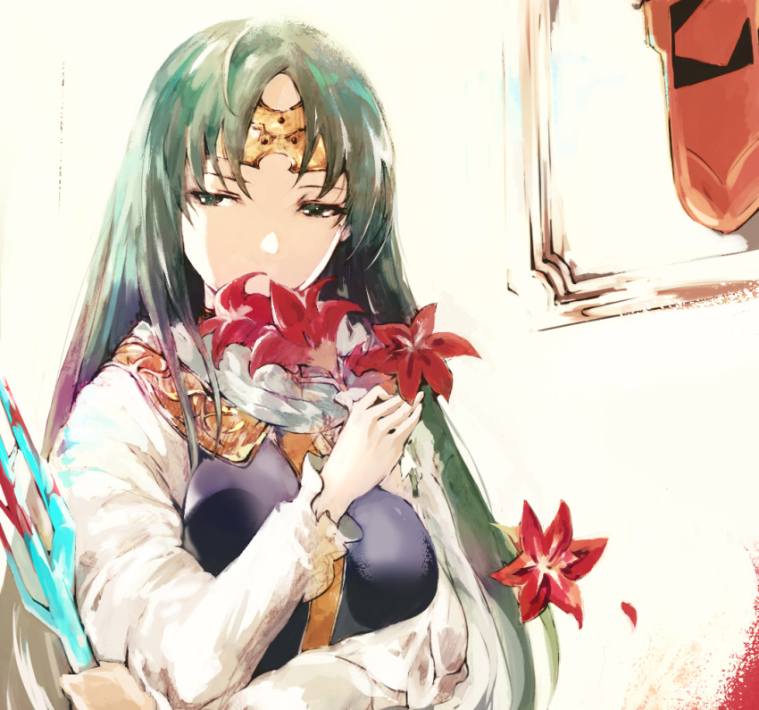 amaryllis_(flower) bad_id bad_pixiv_id blood blood_on_weapon circlet clip_studio_paint_(medium) female flower green_hair hand_up holding holding_flower holding_weapon indoors long_sleeves maris_amaryllis parted_bangs rance_(series) red_flower shado_ne solo upper_body weapon white_background