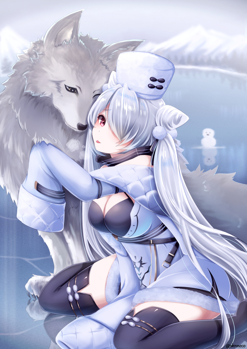 absurdres azur_lane black_footwear boots breasts cleavage cone_hair_bun criss-cross_halter dress feet_out_of_frame female from_side fur-trimmed_dress fur_trim grey_hair hair_bun hair_ornament halterneck highres ice kiev_(azur_lane) long_hair looking_at_viewer medium_breasts monneko outdoors pom_pom_(clothes) pom_pom_hair_ornament red_eyes snowman solo thigh_boots thighhighs twintails very_long_hair very_long_sleeves wolf zettai_ryouiki