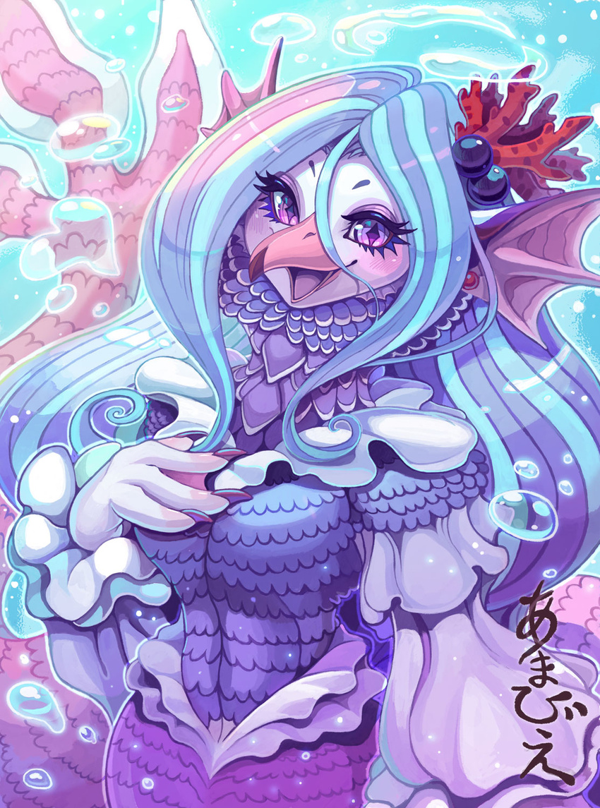 2020 4_fingers accessory air_bubble amabie anthro asian_mythology beak blue_hair blue_theme blush clothed clothing ear_fins ear_piercing east_asian_mythology female fin fingers frilly frilly_clothing fully_clothed hair hair_accessory half-length_portrait hi_res inutsukihasukii japanese_mythology japanese_text kemono looking_at_viewer marine merfolk multicolored_hair mythology piercing portrait purple_eyes solo split_form text two_tone_hair underwater water white_body white_skin yokai