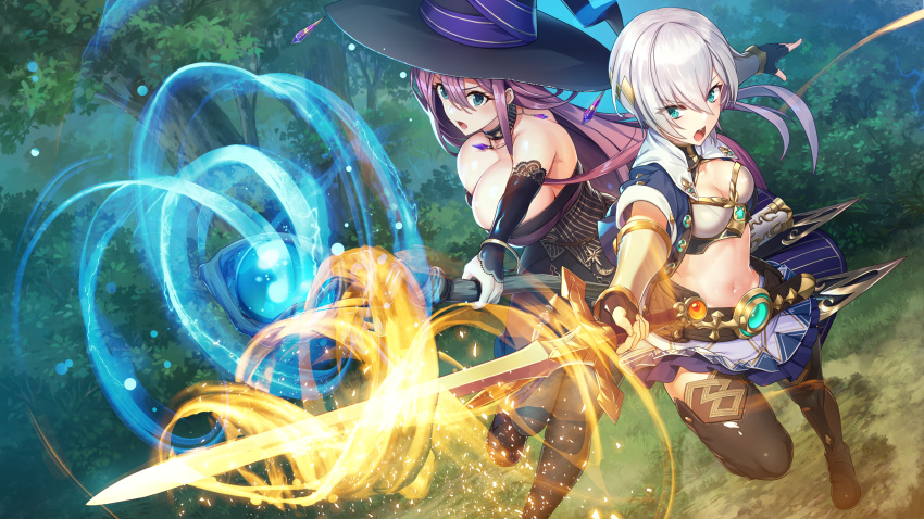 armor blue_eyes choker dahlia game_cg hat inui_waon isekai_sakaba_no_sextet long_hair mage magic no_bra purple_hair qureate short_hair staff sword veronica_(isekai_sakaba_no_sextet) weapon white_hair witch_hat